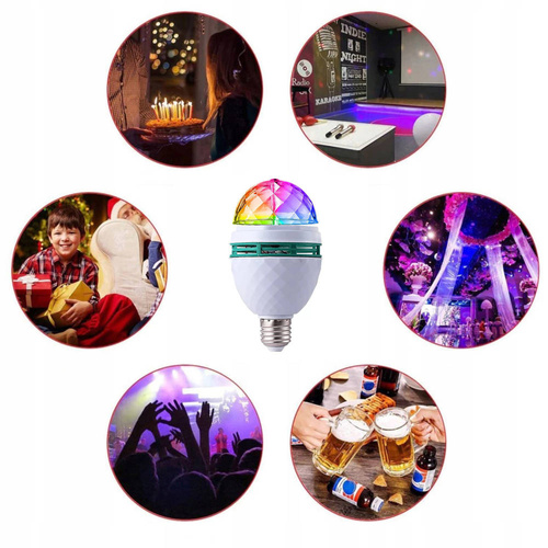 Żarówka obrotowa kula disco | projektor LED RGB | Gwint E27 | MA25-RGB-3W