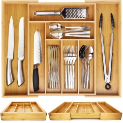 Organizer na sztućce | Bambusowy, regulowany wkład XL do szuflady z 8 przegródkami | KBT-G844