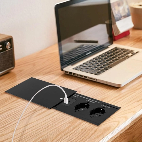 Gniazdo blatowe wpuszczane z przesuwną pokrywą | podwójne gniazdo zasilające z ładowarką USB PD | czarny | JX-S328-BLACK