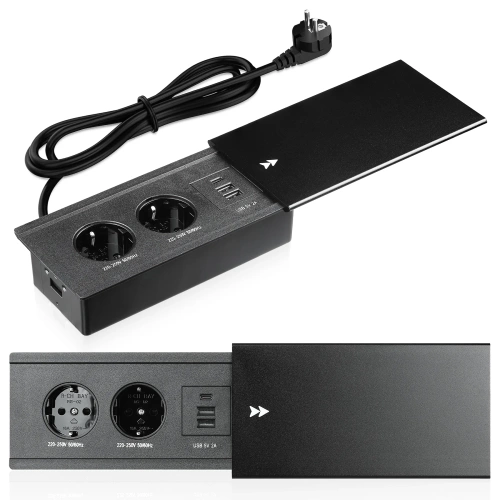 Gniazdo blatowe wpuszczane z przesuwną pokrywą | podwójne gniazdo zasilające z ładowarką USB PD | czarny | JX-S328-BLACK