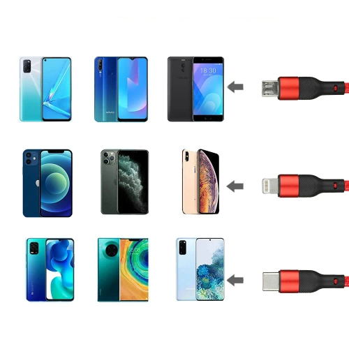 Kabel USB 3W1 | Kabel Micro, USB TYP-C. Lighting | Nylonoway kabel 1,2m | B5-3in1-red