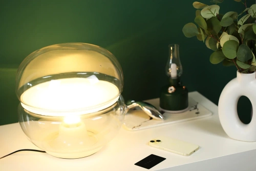 Stylowa, szklana lampa stołowa | Nowoczesna lampka nocna | Styl retro, ciepłe światło, idealna do salonu i sypialni | BH-258-TS