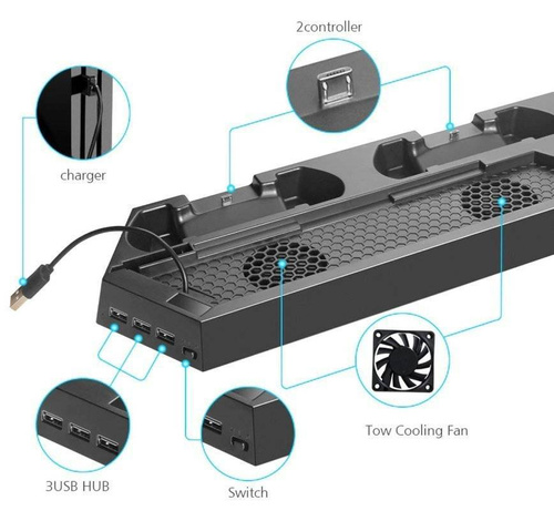 Podstawka chłodząca do PS4 / Slim / Pro | Stacja dokująca z HUB 3 USB | HB-P06-3in1-B