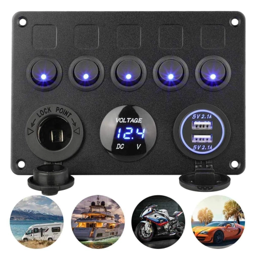 Panel sterujący 12V 24V IP65 z USB | Panel sterowania z podświetlanymi przełącznikami | Podwójna ładowarka USB 2.1 A / 5 V | Gniazdo zapalniczki 12V 
