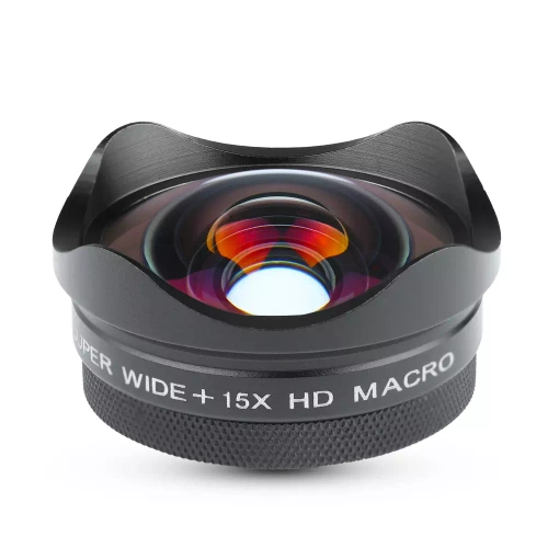 Obiektyw 4K HD, soczewka, nakładka na telefon | 2w1 makro 15x + szeroki kąt | Klips, etui, ściereczka | DT-020