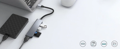 Rozdzielacz USB-C na 3x USB + kart SD + TF | adapter, rozgałęźnik typ C 5w1 | HUB