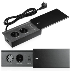 Gniazdo blatowe wpuszczane z przesuwną pokrywą | podwójne gniazdo zasilające z ładowarką USB PD | czarny | JX-S328-BLACK