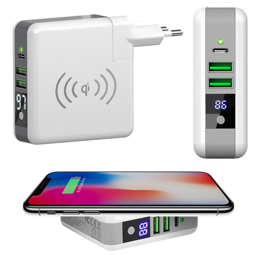 KP-Super | Wielofunkcyjna ładowarka sieciowa | 2x USB-A 1x USB-C | Powerbank 6700mAh | Ładowarka induckyjna Qi