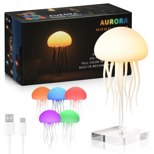 Lampka nocna meduza LED RGB z ruchem macek i czujnikiem dźwięku | Relaksująca lampka dekoracyjna USB-C 1000 mAh | JF-125-TSP