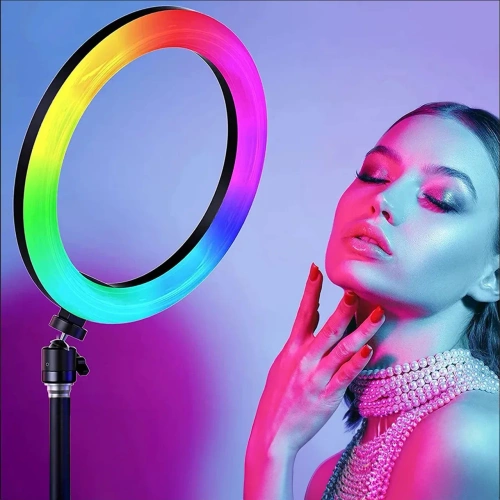 Zestaw lampa LED RGB 26 cm ze statywem 210 cm i pilotem | Lampa pierścieniowa do makijażu i nagrań wideo | SENY-RGB-26CM