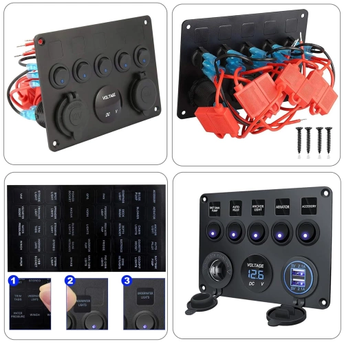 Panel sterujący 12V 24V IP65 z USB | Panel sterowania z podświetlanymi przełącznikami | Podwójna ładowarka USB 2.1 A / 5 V | Gniazdo zapalniczki 12V 