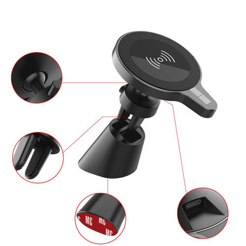Samochodowy uchwyt magnetyczny z ładowarką indukcyjną | Qi, MagSafe, 15W | do kratki wentylacyjnej lub na deskę rozdzielczą | WH-10C