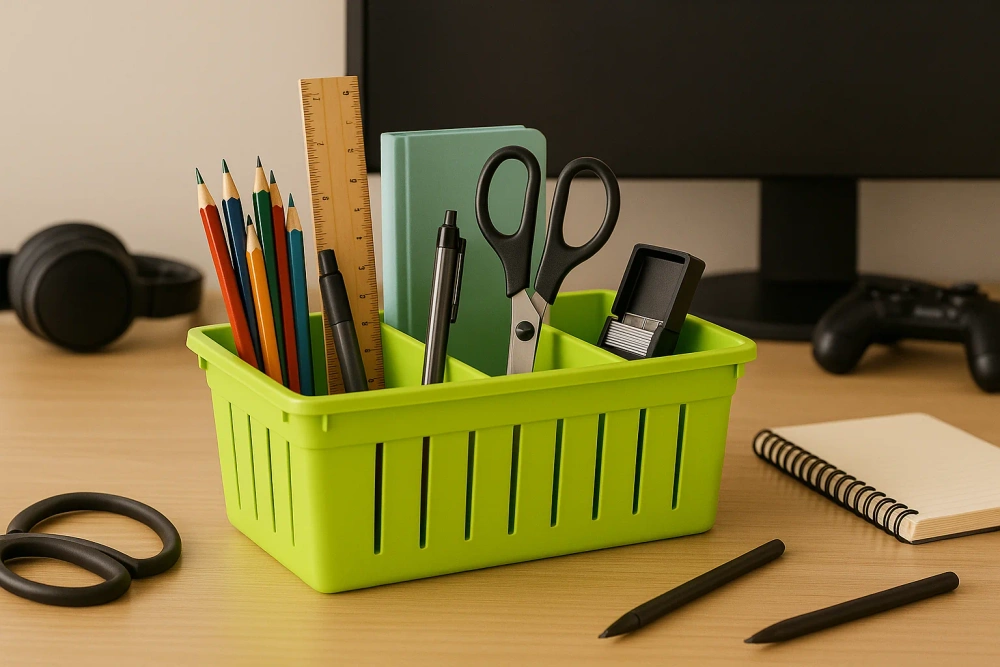 Zielony organizer w łazience wypełniony kosmetykami i ręcznikami