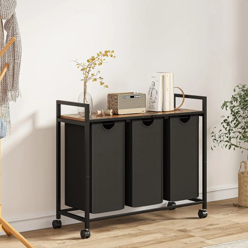 Kosz na pranie z półką | Trzykomorowy kosz na pranie | Kosz na pranie z kółkami | MZ-B30-BLACK