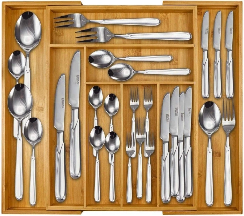 Organizer na sztućce | Bambusowy, regulowany wkład XL do szuflady z 8 przegródkami | KBT-G844