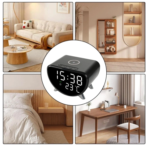 Inteligentny budzik LED z ładowarką Qi 15W, termometrem i 3 alarmami  | Zegarek USB do sypialni  | SZ07-15W-BR