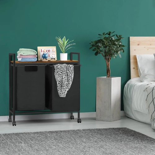 Kosz na pranie z półką | Dwukomorowy kosz na pranie | Kosz na pranie z kółkami | MZ-B20-BLACK
