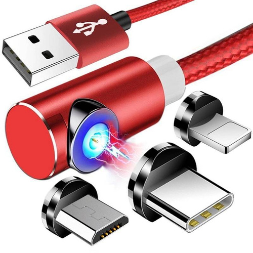 3w1 2M | Kątowy kabel magnetyczny | 3 końcówki - Micro, Type-C i Lightning | Quick Charge 3.0 | AM51