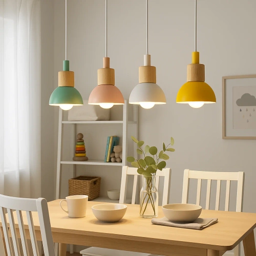 Lampa wisząca z różowym kloszem i drewnem | Minimalistyczna  lampa w stylu skandynawskim z oprawą  E27 | YG-XD002A-P