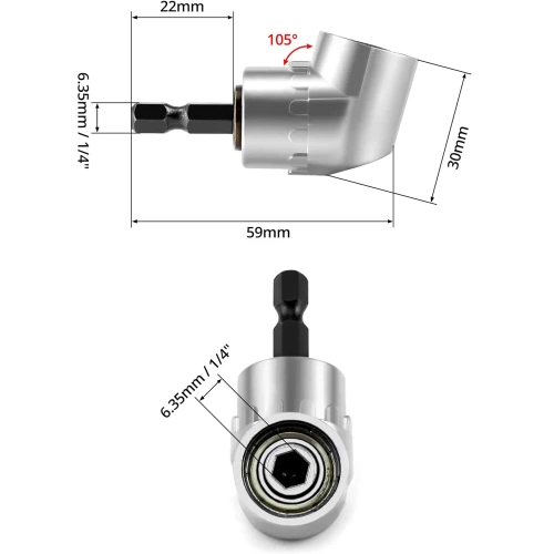 Kątowy adapter do bitów 1/4" | Nasadka do wkrętarki | DLS-105-SILVER