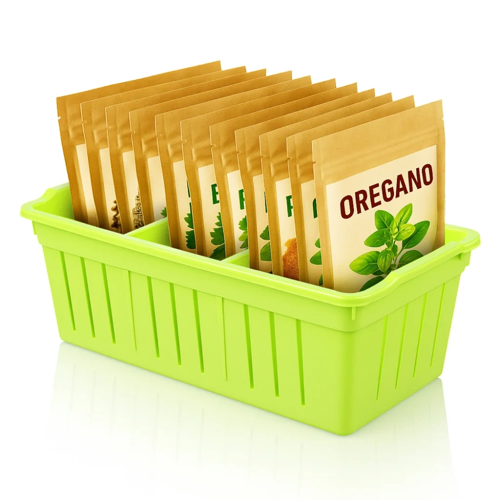 Zielony organizer wypełniony saszetkami z przyprawami, takimi jak oregano