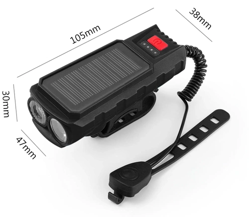 Solarna lampka rowerowa z klaksonem 130 dB | Oświetlenie LED 400 lm | Wodoodporna lampka rowerowa |  QX-LY-17-2 