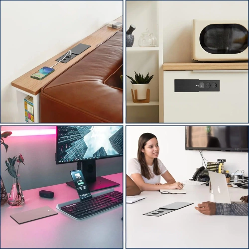 Gniazdo blatowe wpuszczane z przesuwną pokrywą | podwójne gniazdo zasilające z ładowarką USB PD | czarny | JX-S328-BLACK