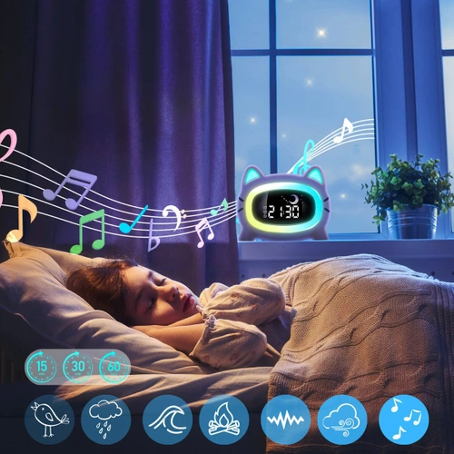 Budzik dziecięcy LED kotek | zegar z lampką nocną, animacjami i funkcją snu | SG-5-W