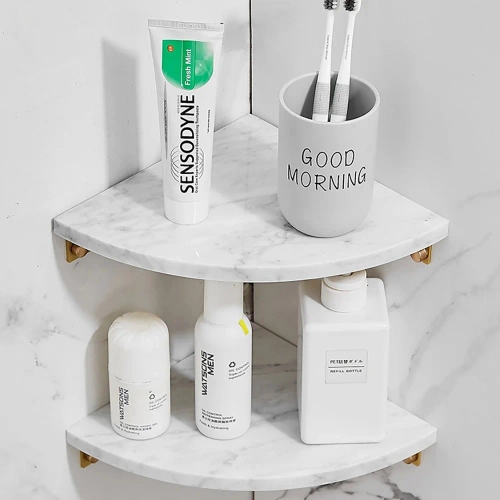 Narożna półka łazienkowa | Marmurowa półka na kosmetyki | TBD-211-WHITE-MRBL