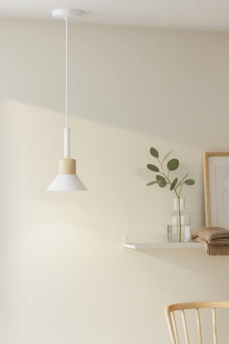 Lampa wisząca z białym kloszem i drewnem | Minimalistyczna  lampa w stylu skandynawskim  z oprawą E27 | YG-XD002B-W