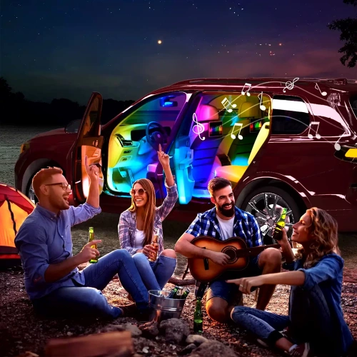 Oświetlenie LED RGB wnętrza samochodu pod USB | łączność Bluetooth z aplikacją w telefonie | 4x pasek LED 12 diod 5050 22cm | pilot IR | tryby muzyczne 