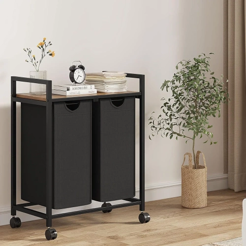 Kosz na pranie z półką | Dwukomorowy kosz na pranie | Kosz na pranie z kółkami | MZ-B20-BLACK