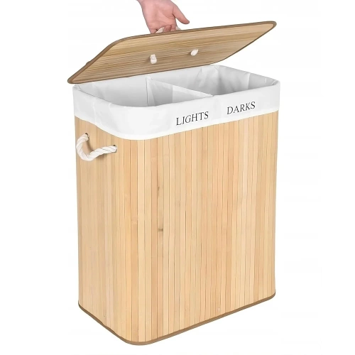 Naturalny kosz na pranie | Bambusowy pojemnik na zabawki | Drewniany kosz na ubrania | Dwukomorowy kosz na bieliznę do łazienki | ZYL-100L-LIBR